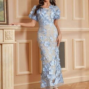 Elegant Blue Floral Lace Dress, size XL